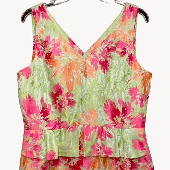 Tahari ASL V Neck Floral Sleeveless Peplum Dress in Green/Pink/Orange Women’s 10 - Picture 3 of 6